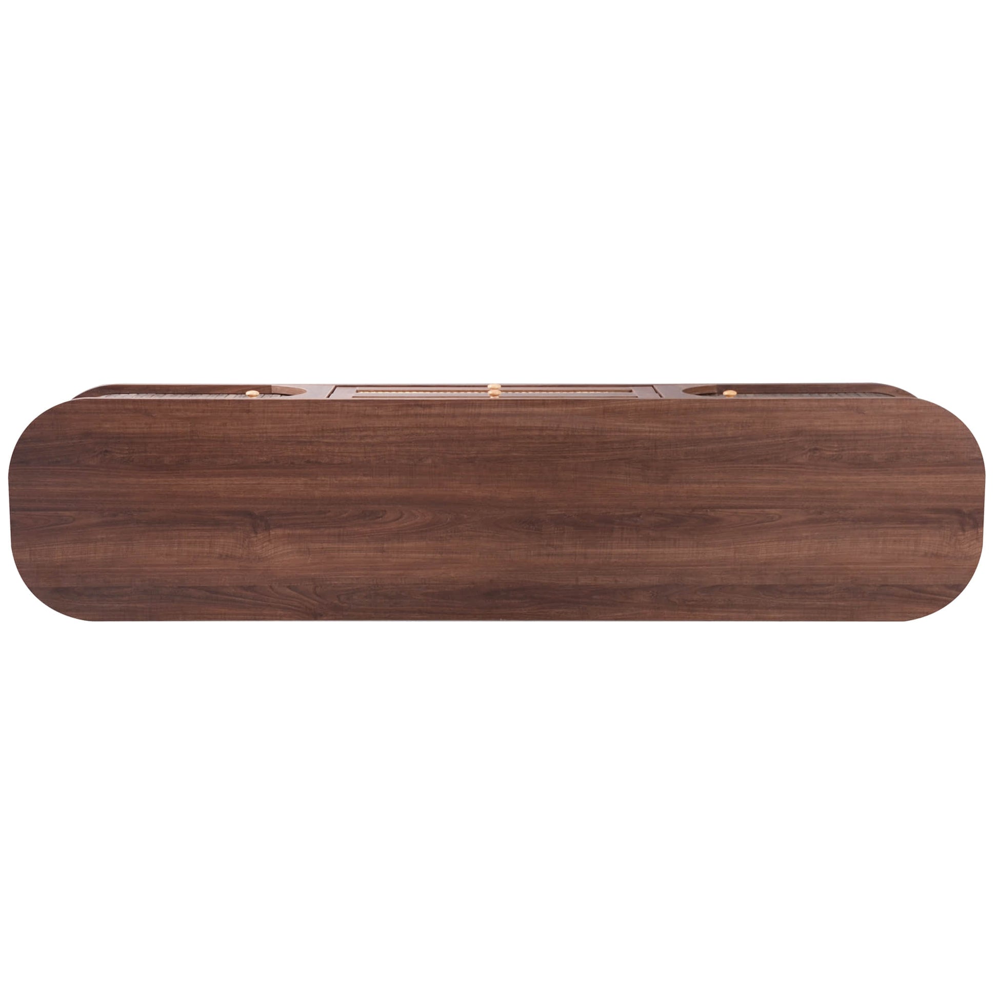 Top-down aerial view of an empty dark walnut stand for the tv surface.