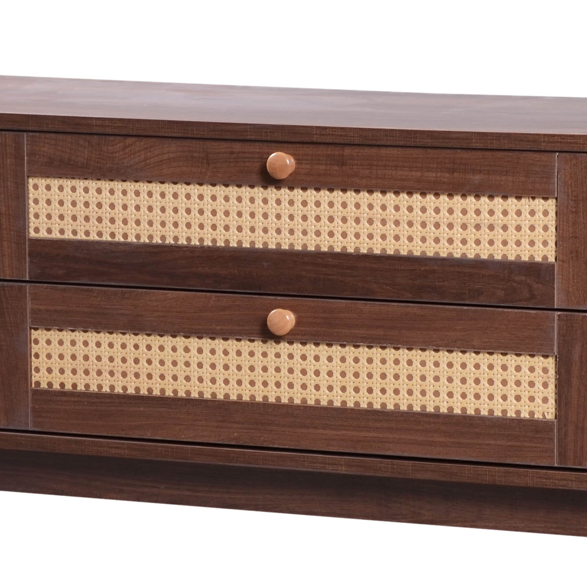 Close up of two light rattan drawers on a dark modern tv stand.