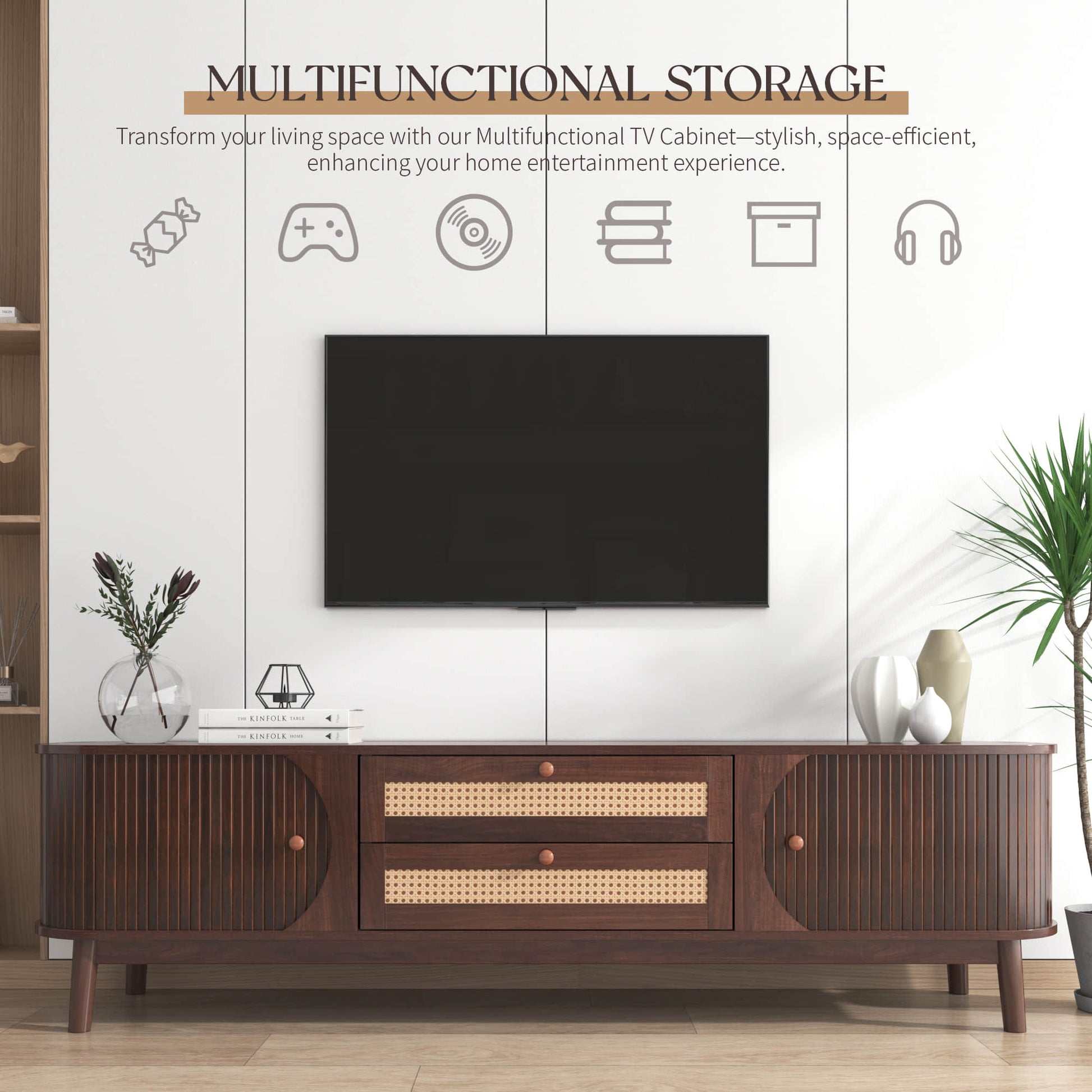 Stand for the tv multifunctional storage with tv and plant decor.