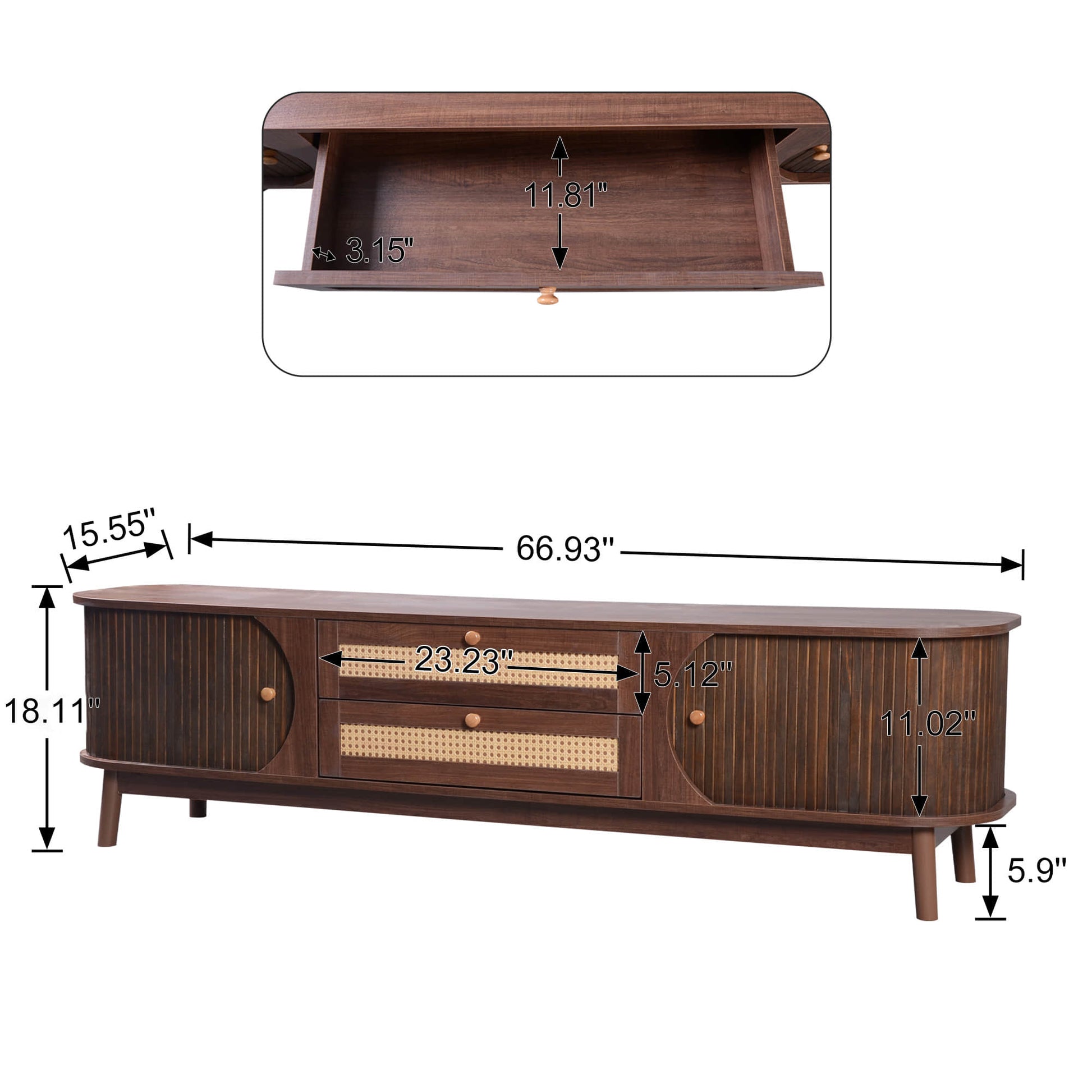 Top view dimensions of a long dark brown stand for the tv.