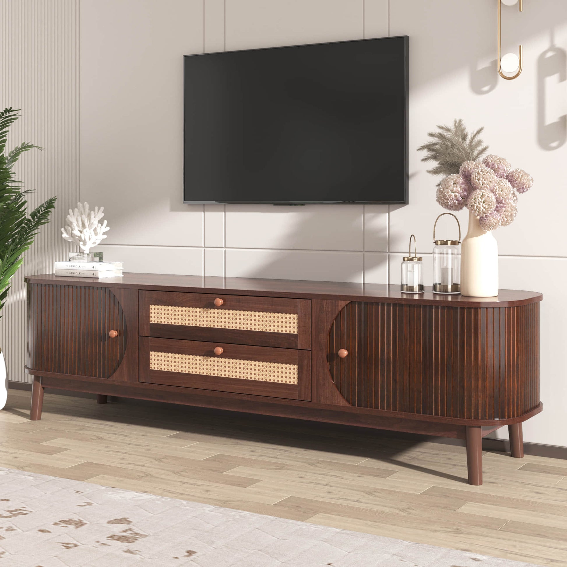 Stand for the tv slight angle view showing its surface and front.