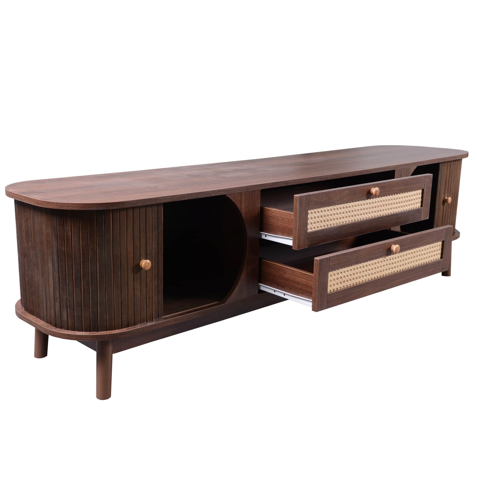 Angled dark stand for the tv with one open drawer displaying storage.
