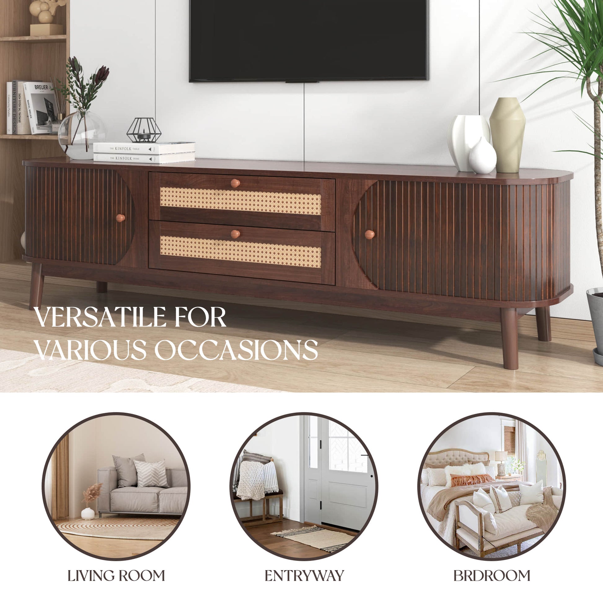 Modern tv stand dark walnut shown in living room bedroom and office.