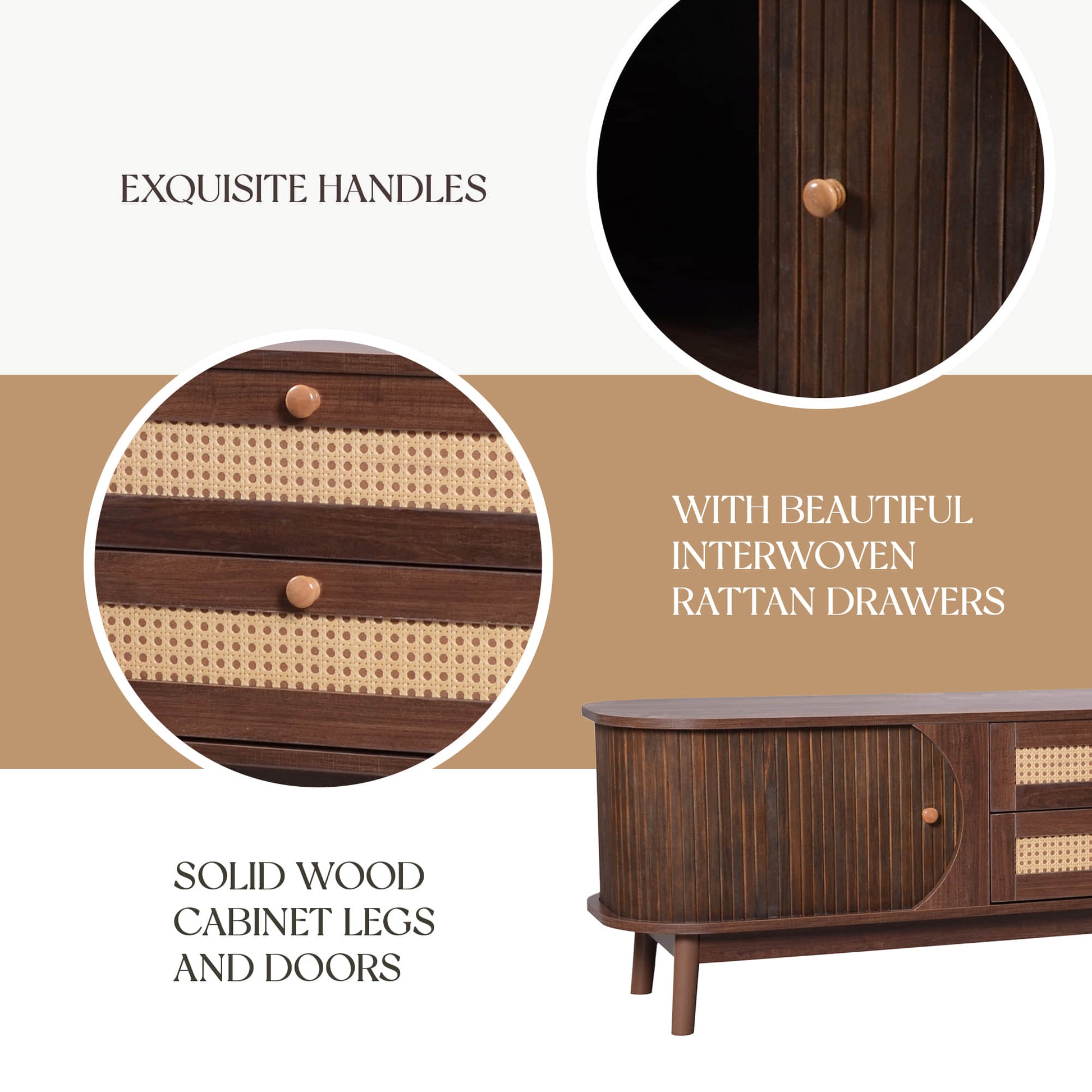 Modern tv stand close up of rattan drawer detail and wood cabinet.