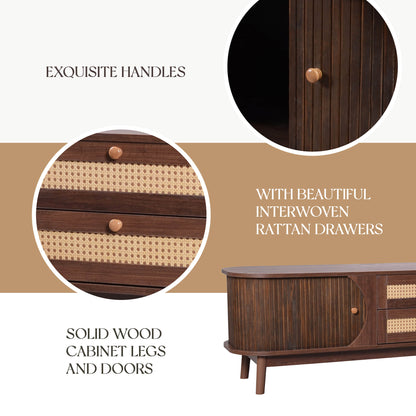 Modern tv stand close up of rattan drawer detail and wood cabinet.