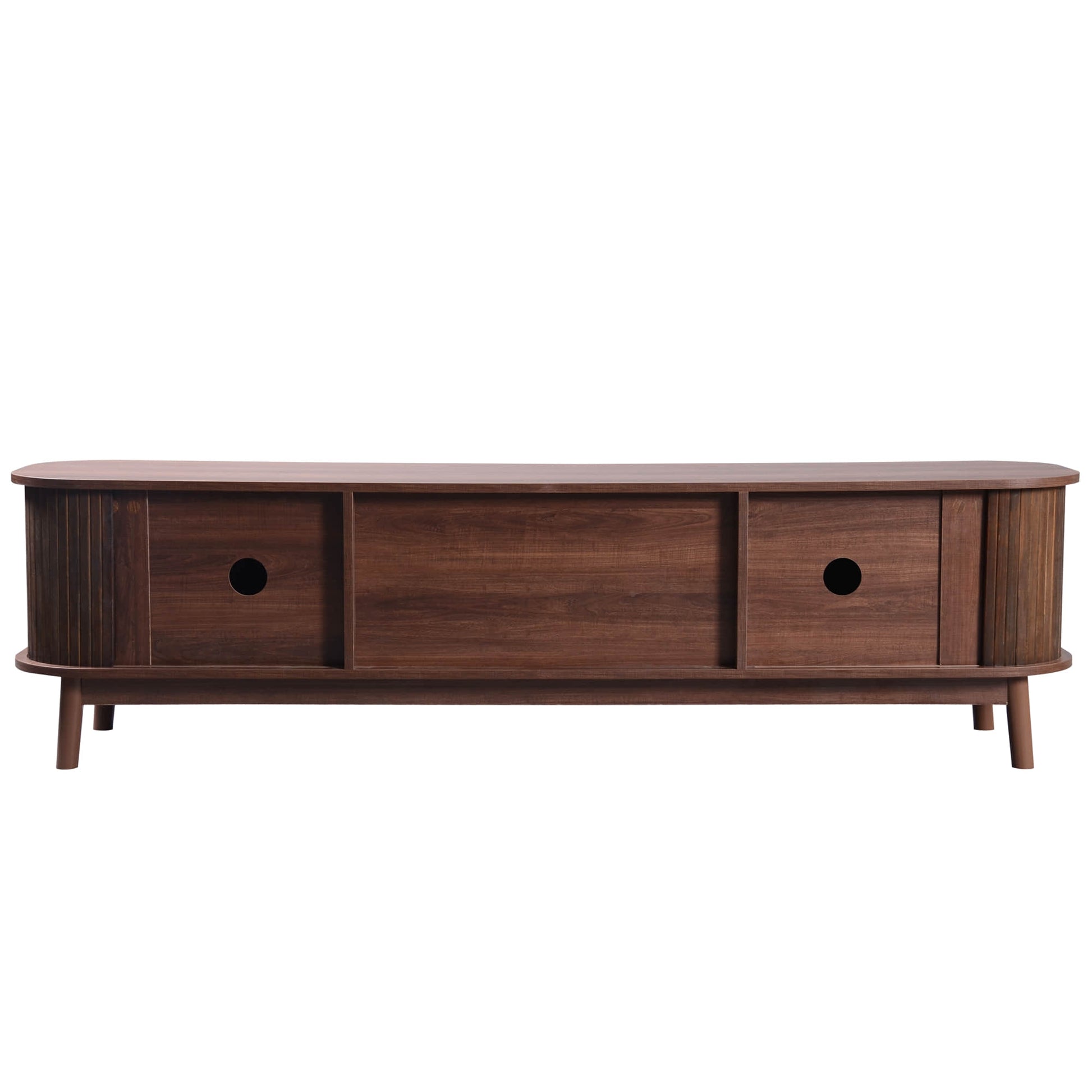 Rear view of the dark brown modern tv stand showing cable management.