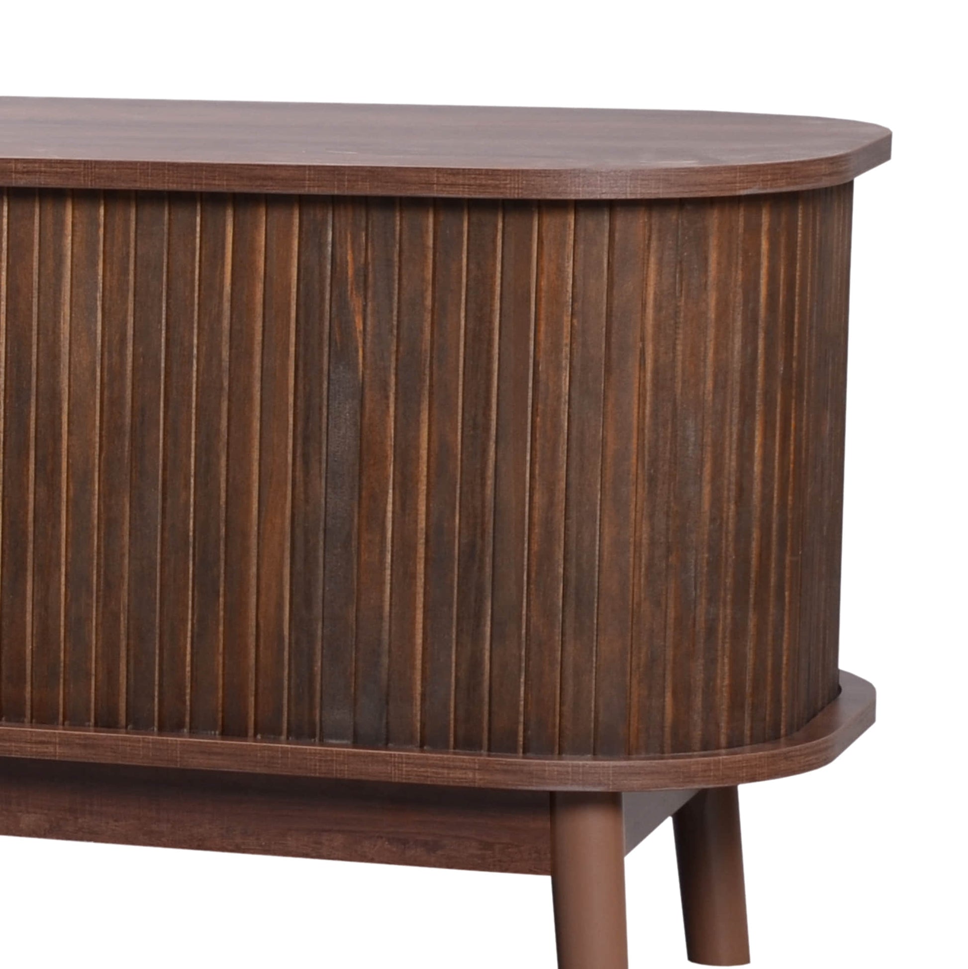 Close up side detail of a ribbed dark wood stand for the tv.