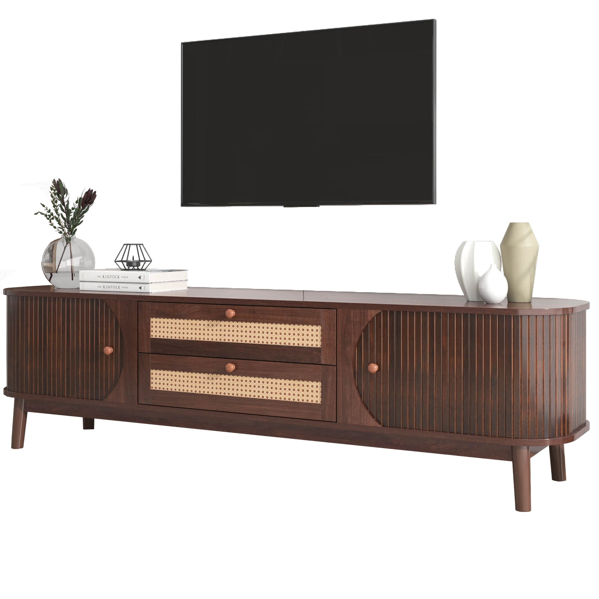 Angled profile dark wood stand for the tv showcasing its curved design.