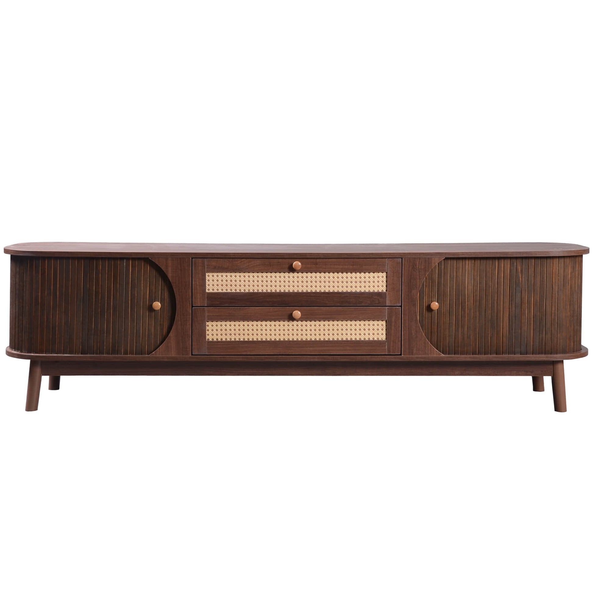 Isolated front view of a dark walnut modern tv stand with three sections.