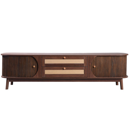 Isolated front view of a dark walnut modern tv stand with three sections.