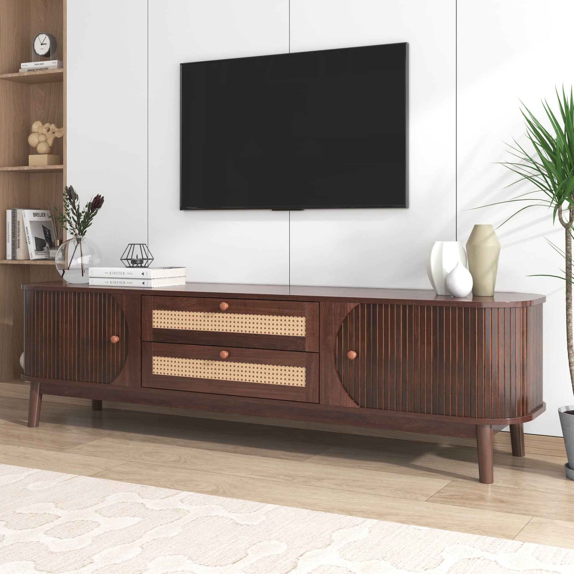 Stand for the tv angled side view in a well-lit room setting.
