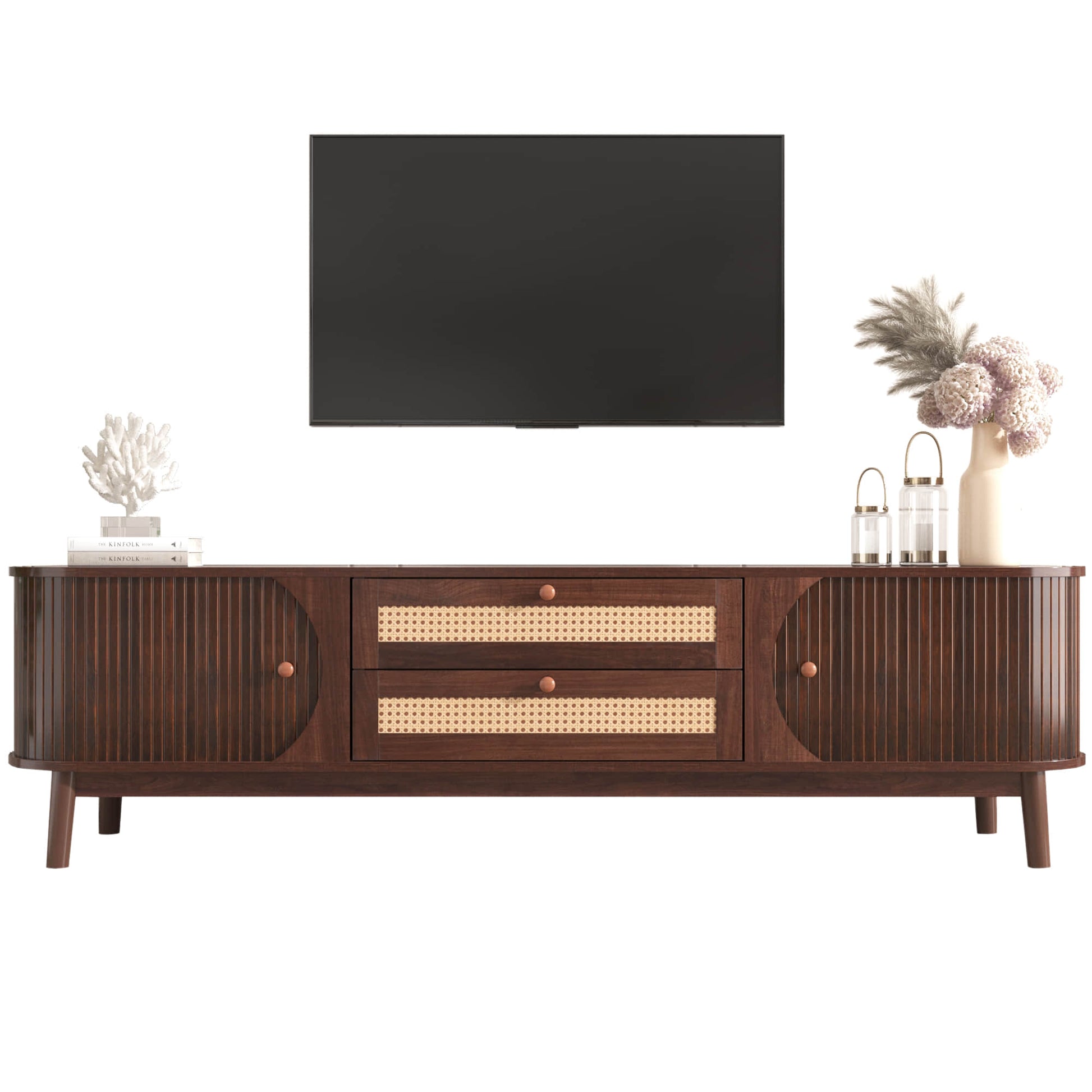 Straight front shot of a modern tv stand with a television and ornaments.