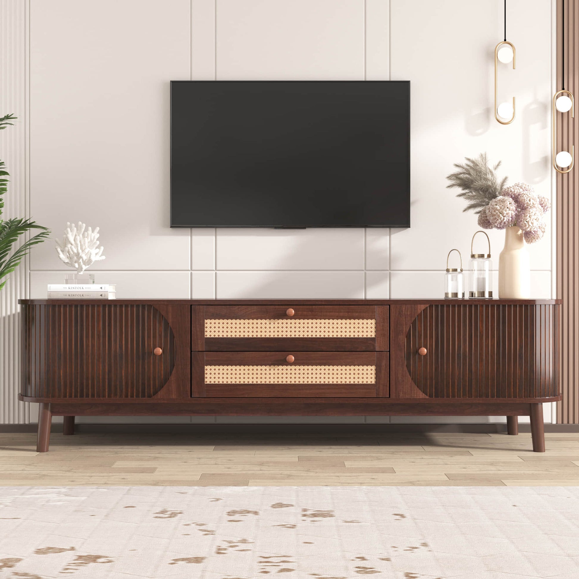 Fronted view dark wood modern tv stand in a bright living room setting.