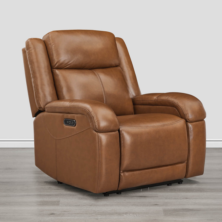 Brown leather Isaac Wall Hugger recliner with power headrest for enhanced comfort - CHITA Living