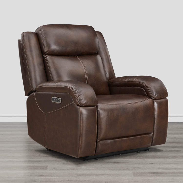 Isaac Wall Hugger recliner in warm brown leather with power headrest and sleek design - CHITA Living