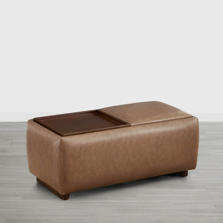 Vault Rectangle Storage Flip Ottoman in brown upholstery with wooden lid on a light floor - CHITA Living