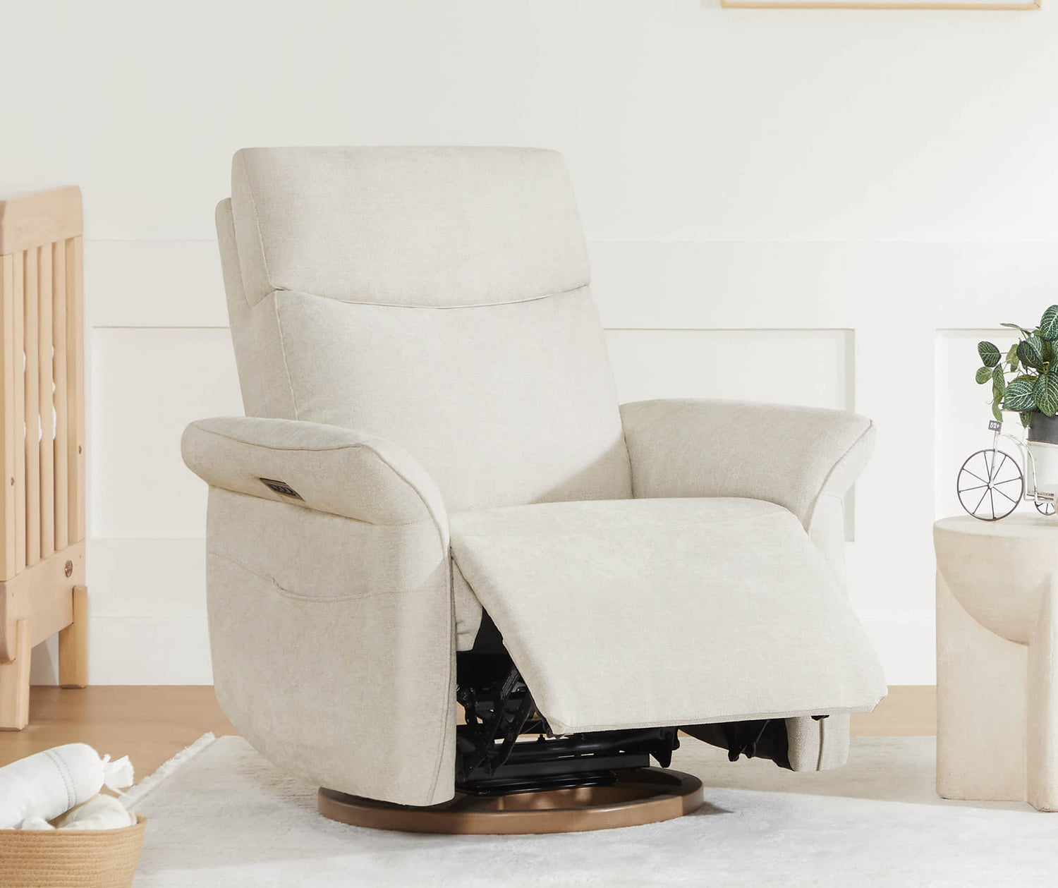 Cream power recliner in semi-reclined position showing smooth operation.