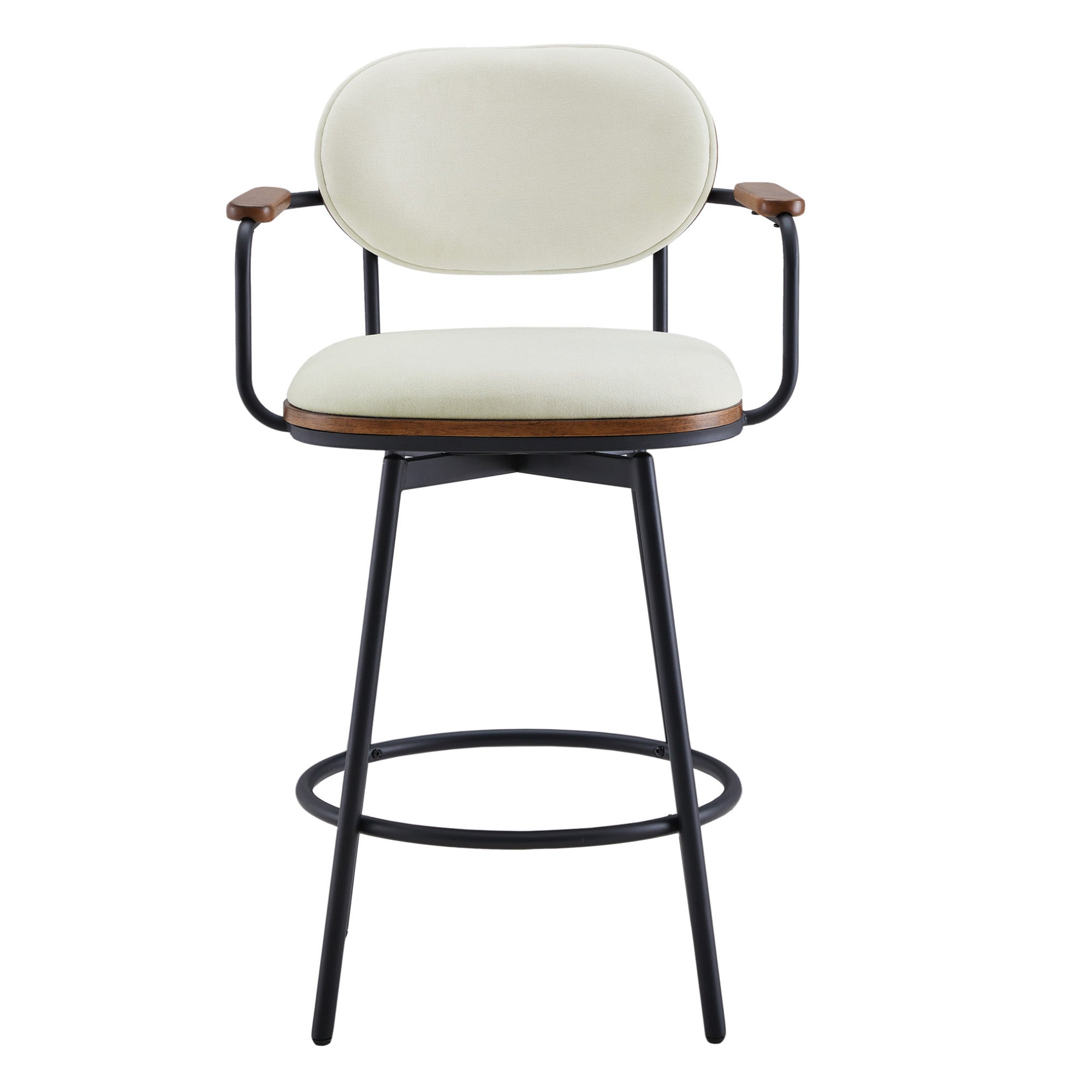 Elegant swivel bar stool with padded seat and armrests, featuring a wooden backrest - CHITA Living