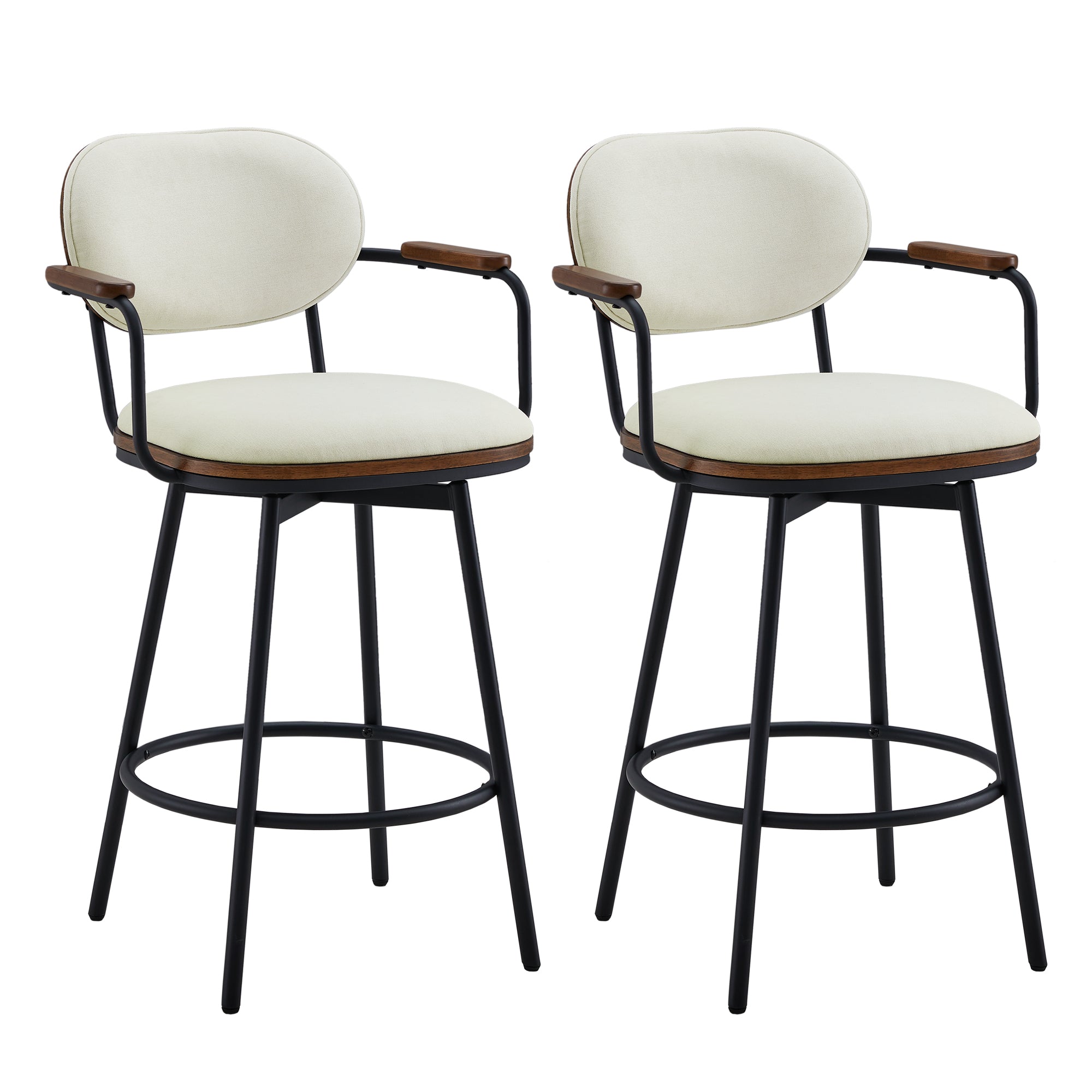 Set of two mid-century modern swivel bar stools with armrests and padded seats - CHITA Living