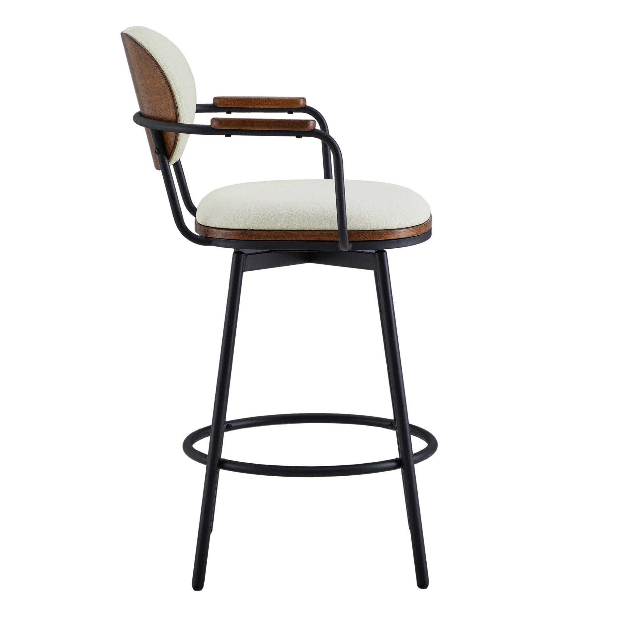 Mid-century modern swivel bar stool with beige padded seat and wooden backrest - CHITA Living