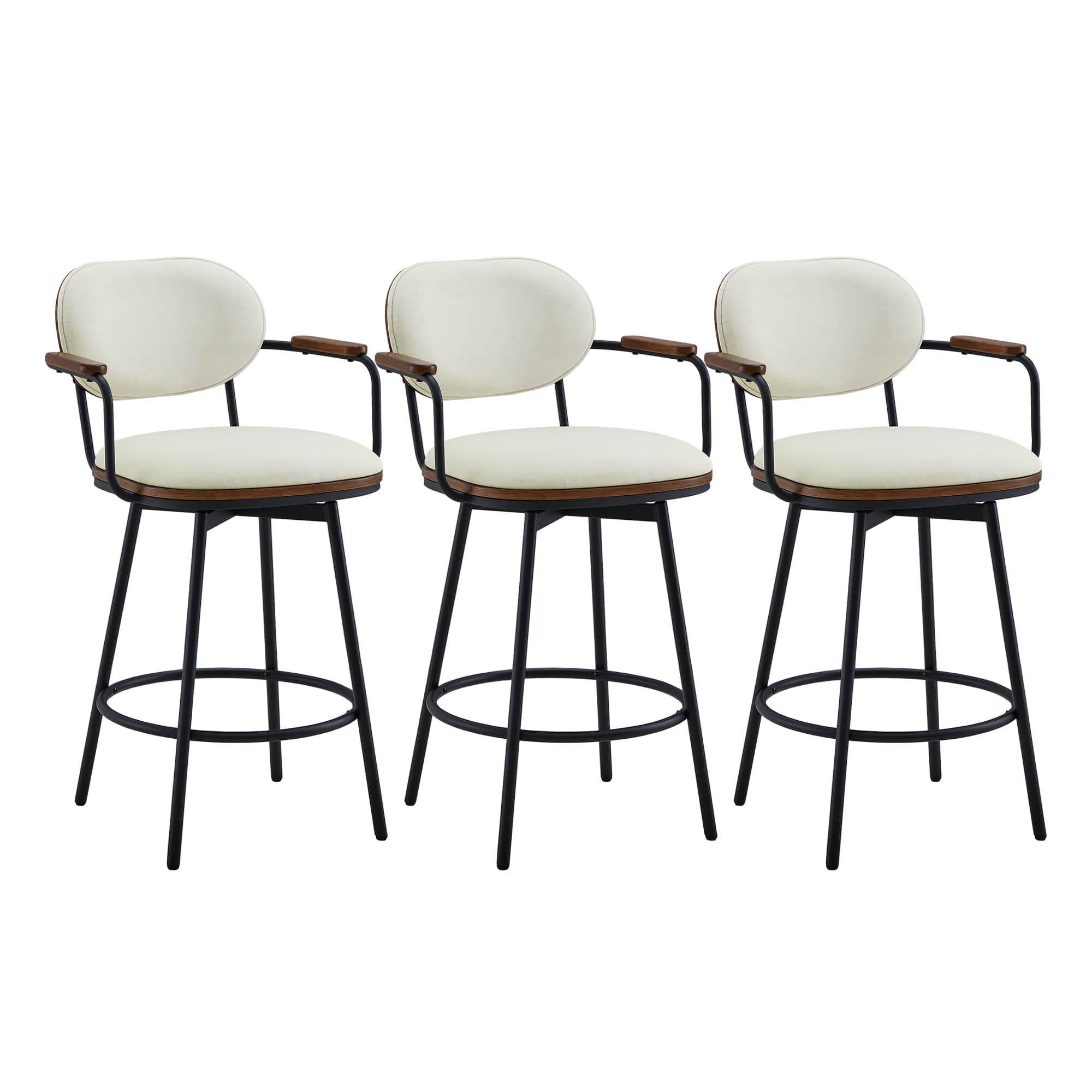 Set of three Aislinn mid-century modern swivel bar stools with padded beige seats - CHITA Living