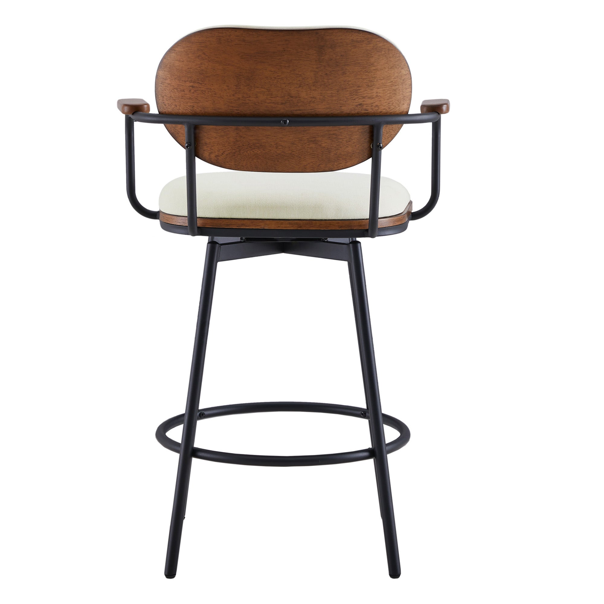 Back view of mid-century modern swivel bar stool with beige padded seat and wood backrest - CHITA Living