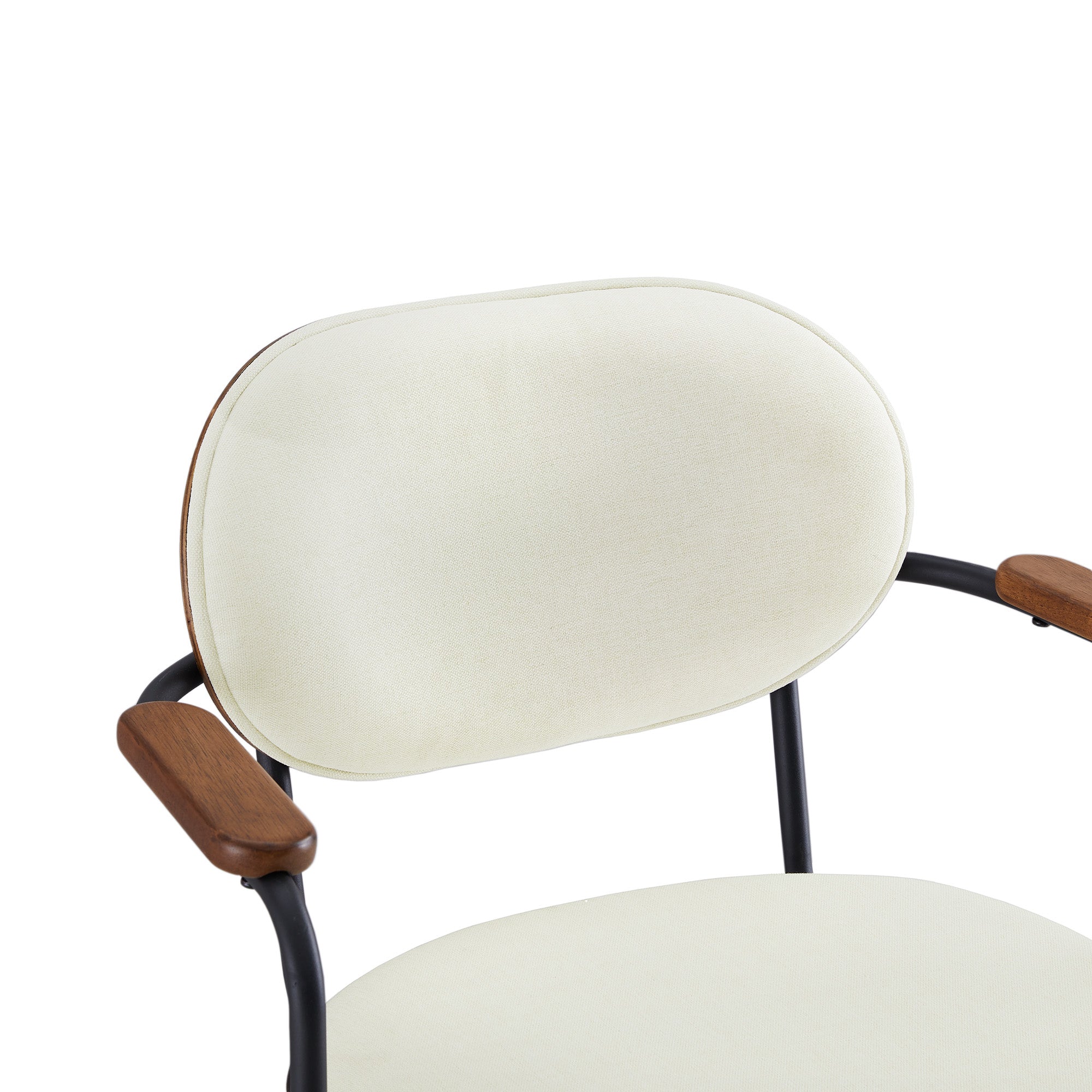 Close-up of Aislinn bar stool featuring beige padded seat and wooden armrests - CHITA Living