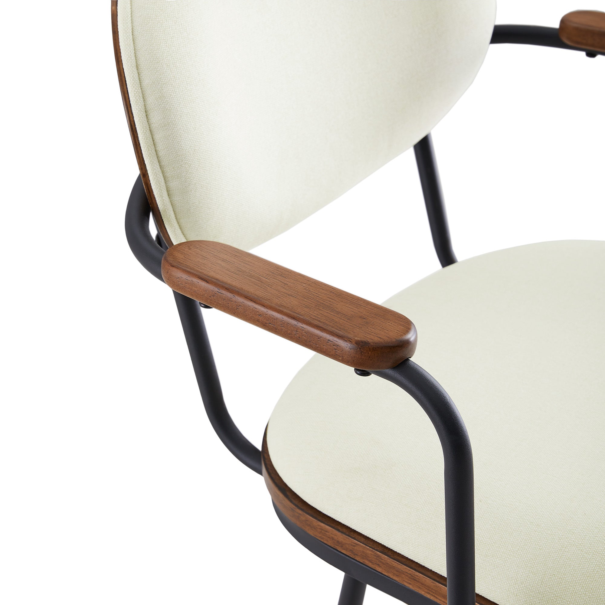 Aislinn swivel bar stool close-up with padded seat and wooden armrest detail - CHITA Living