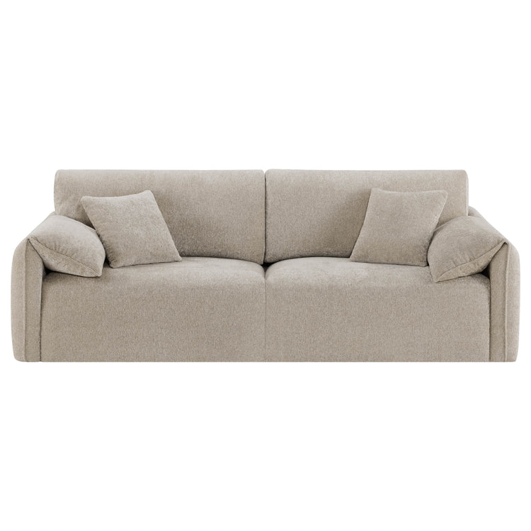 The Winsley 3-Seat Sofa with Ottoman features a cozy beige fabric, plush cushions, and a modern design for comfort.