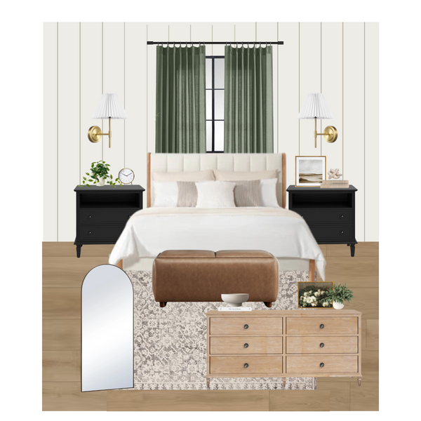 Serene queen-size bed with vault ottoman and black nightstands in modern bedroom - CHITA Living