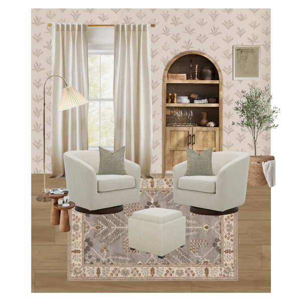 Cozy living room with beige accent chairs, cube ottoman, and decorative rug - CHITA Living
