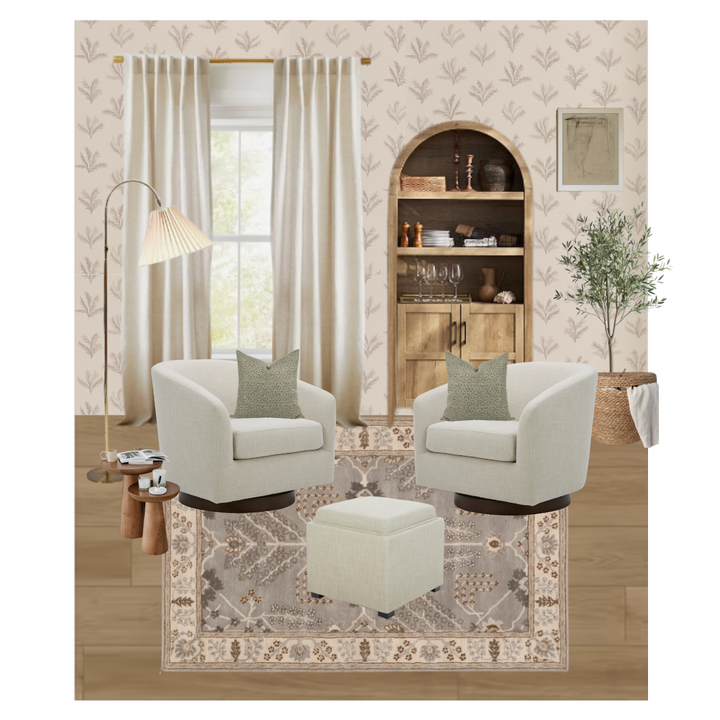 Cozy living room with beige accent chairs, cube ottoman, and decorative rug - CHITA Living