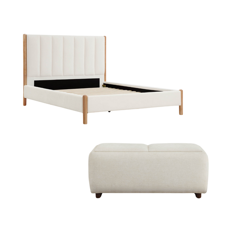 Cream upholstered queen-size bed with light wood frame and matching ottoman in modern setting - CHITA Living