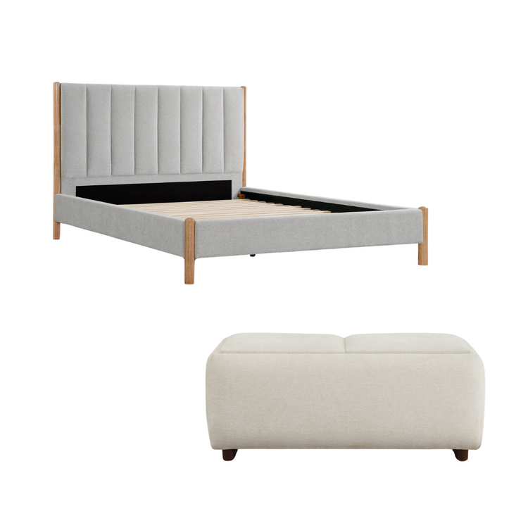 Serene gray upholstered queen-size bed with light wood frame and matching vault ottoman - CHITA Living