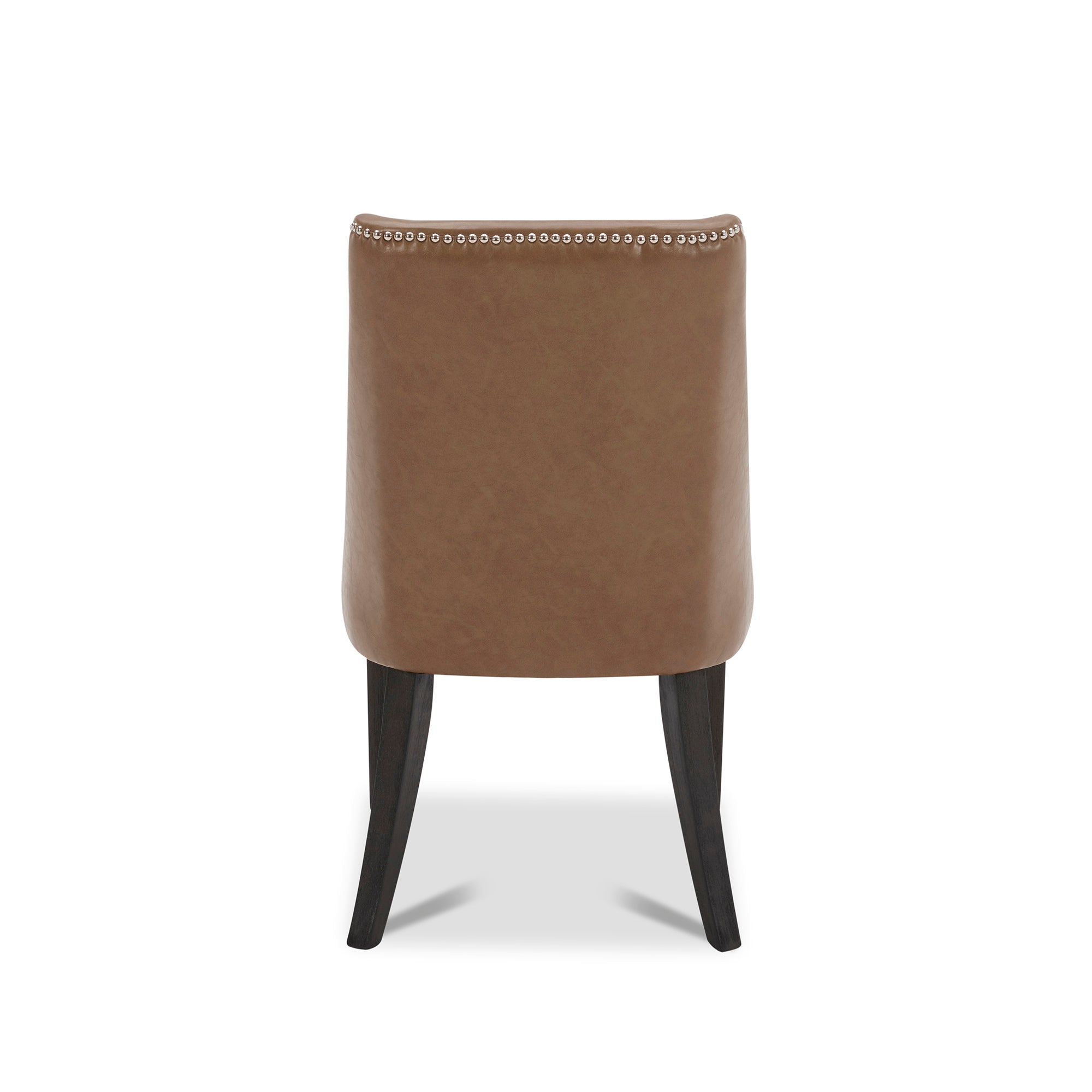 Back of Asher dining chair in brown upholstery with silver nailhead trim and tapered legs - CHITA Living