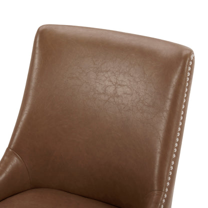 Close-up of brown upholstered dining chair back with silver nailhead trim - CHITA Living