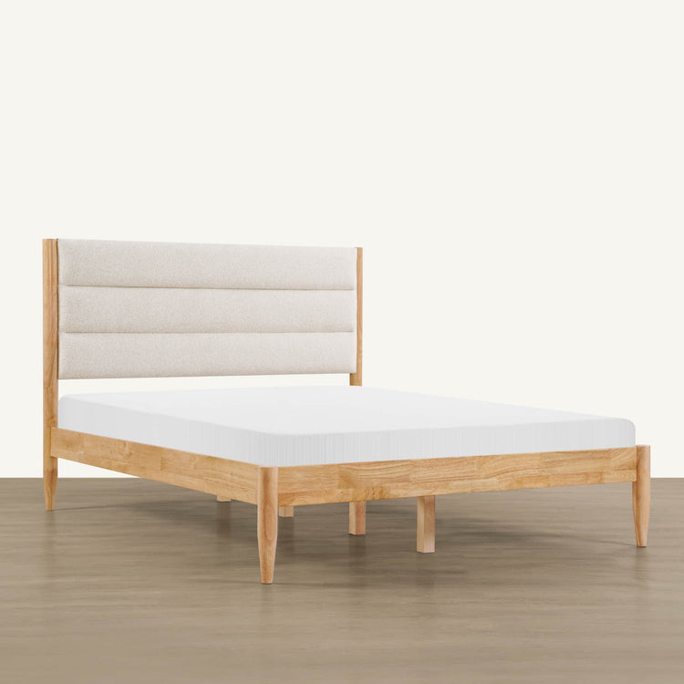 Solace Queen wooden bed with boucle upholstered headboard in minimalist design - CHITA Living