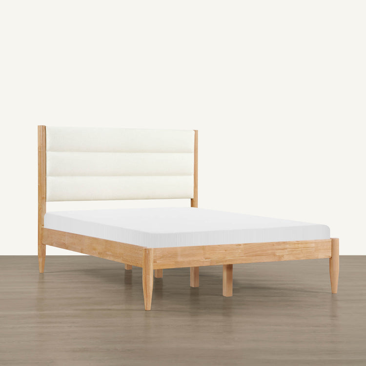 Solace Full Solid Wood Bed with upholstered headboard in light fabric - CHITA Living
