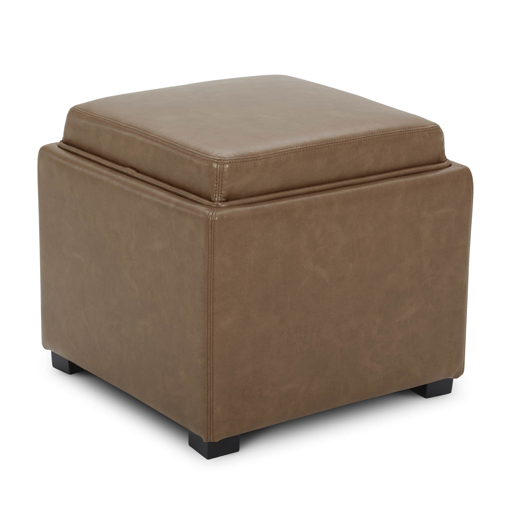 Brown faux leather cube storage ottoman with solid black legs for modern living spaces - CHITA Living