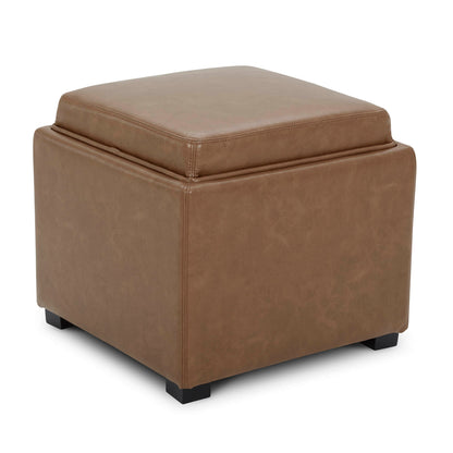 Brown faux leather cube storage ottoman with solid black legs for modern living spaces - CHITA Living