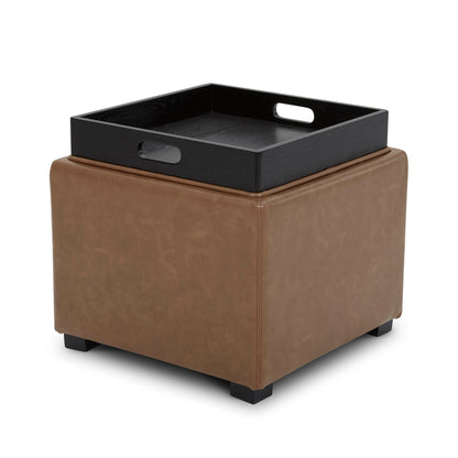 Brown faux leather cube storage ottoman with detachable black tray for modern decor - CHITA Living