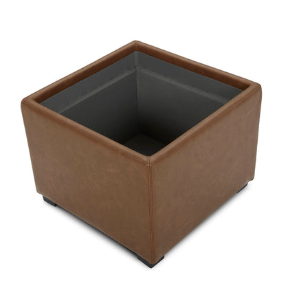 Brown faux leather cube storage ottoman with solid black legs for versatile modern decor - CHITA Living