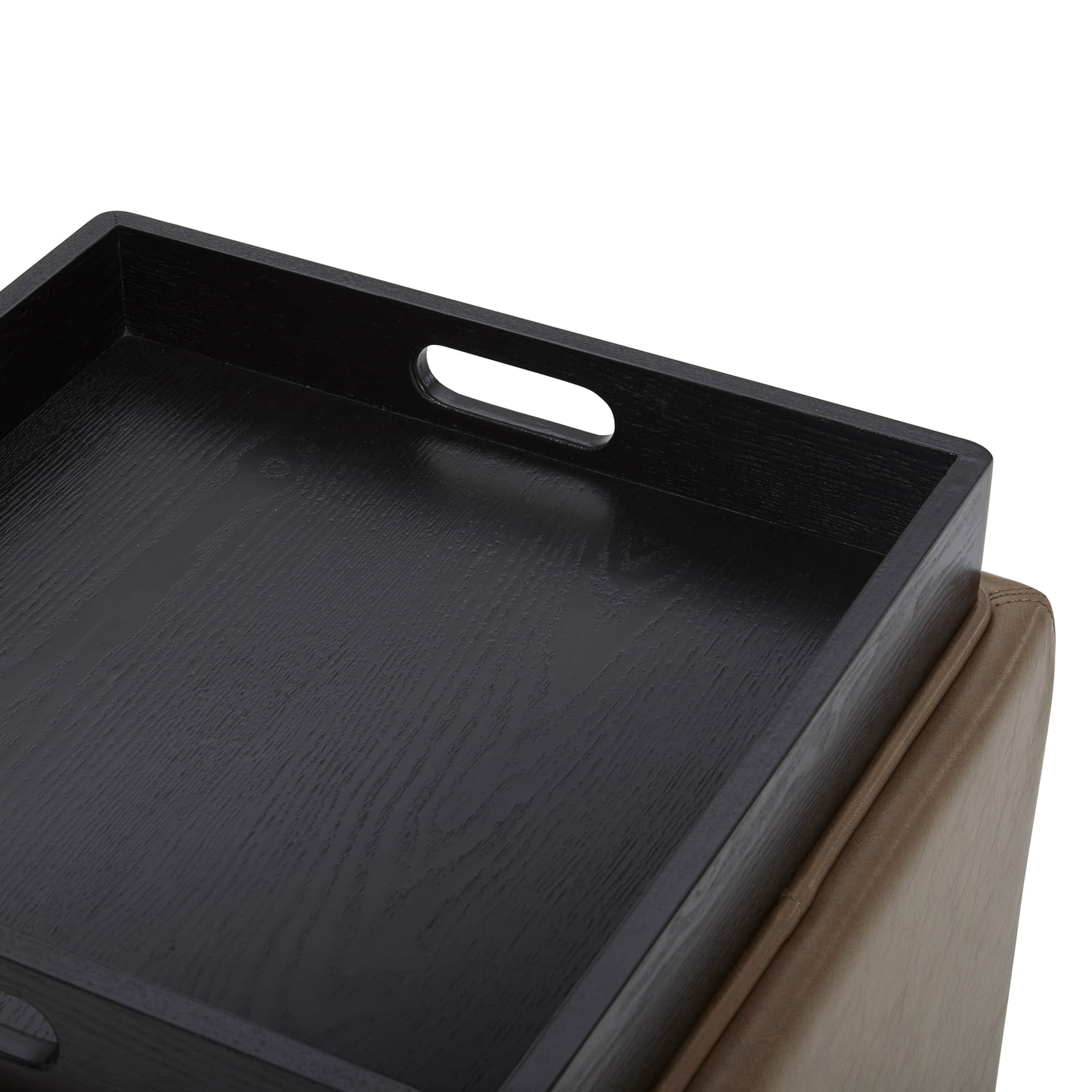 Close-up of black tray with handle on brown faux leather cube storage ottoman - CHITA Living