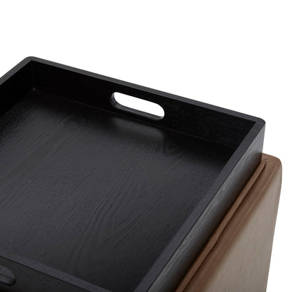 Close-up of black tray with handle on brown faux leather cube storage ottoman - CHITA Living