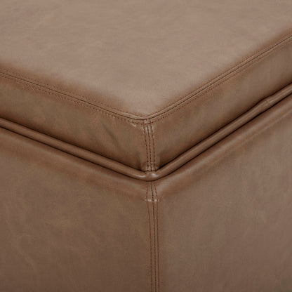 Brown faux leather cube storage ottoman with soft lid and stitching details - CHITA Living