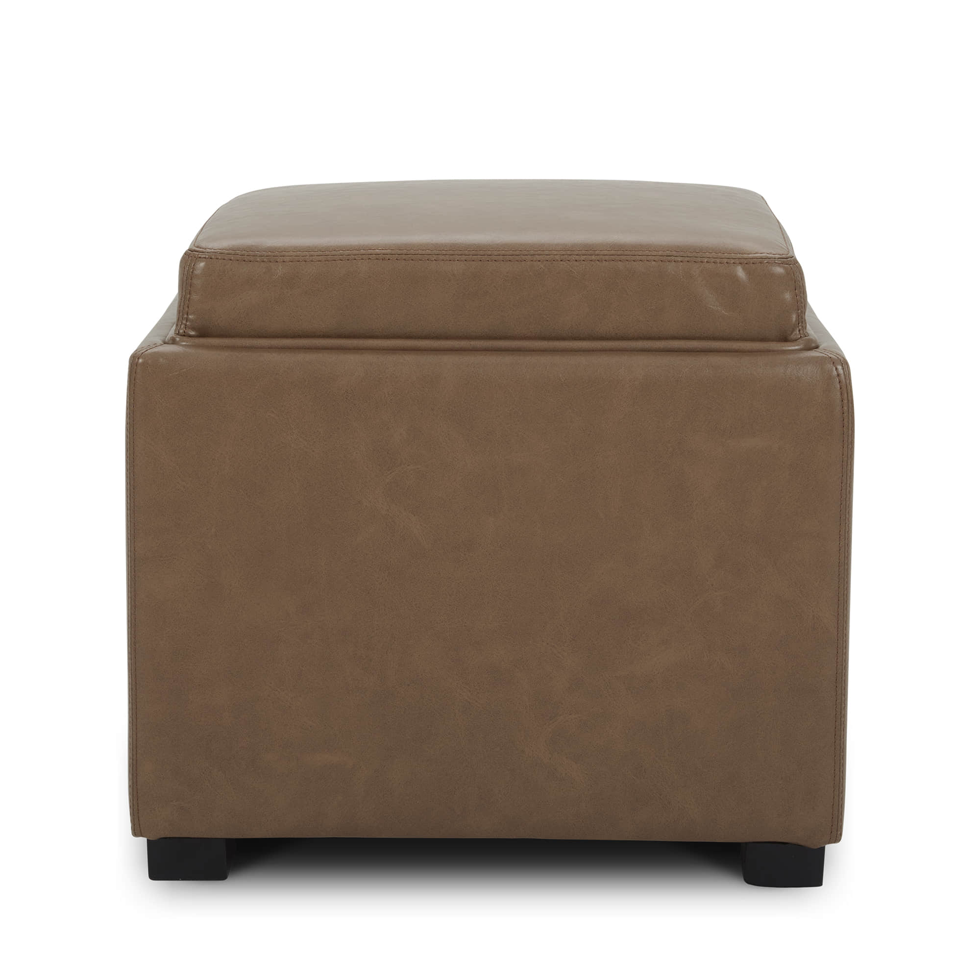 Brown faux leather storage ottoman with soft lid and sturdy black legs for modern decor - CHITA Living