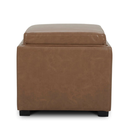 Brown faux leather storage ottoman with soft lid and sturdy black legs for modern decor - CHITA Living