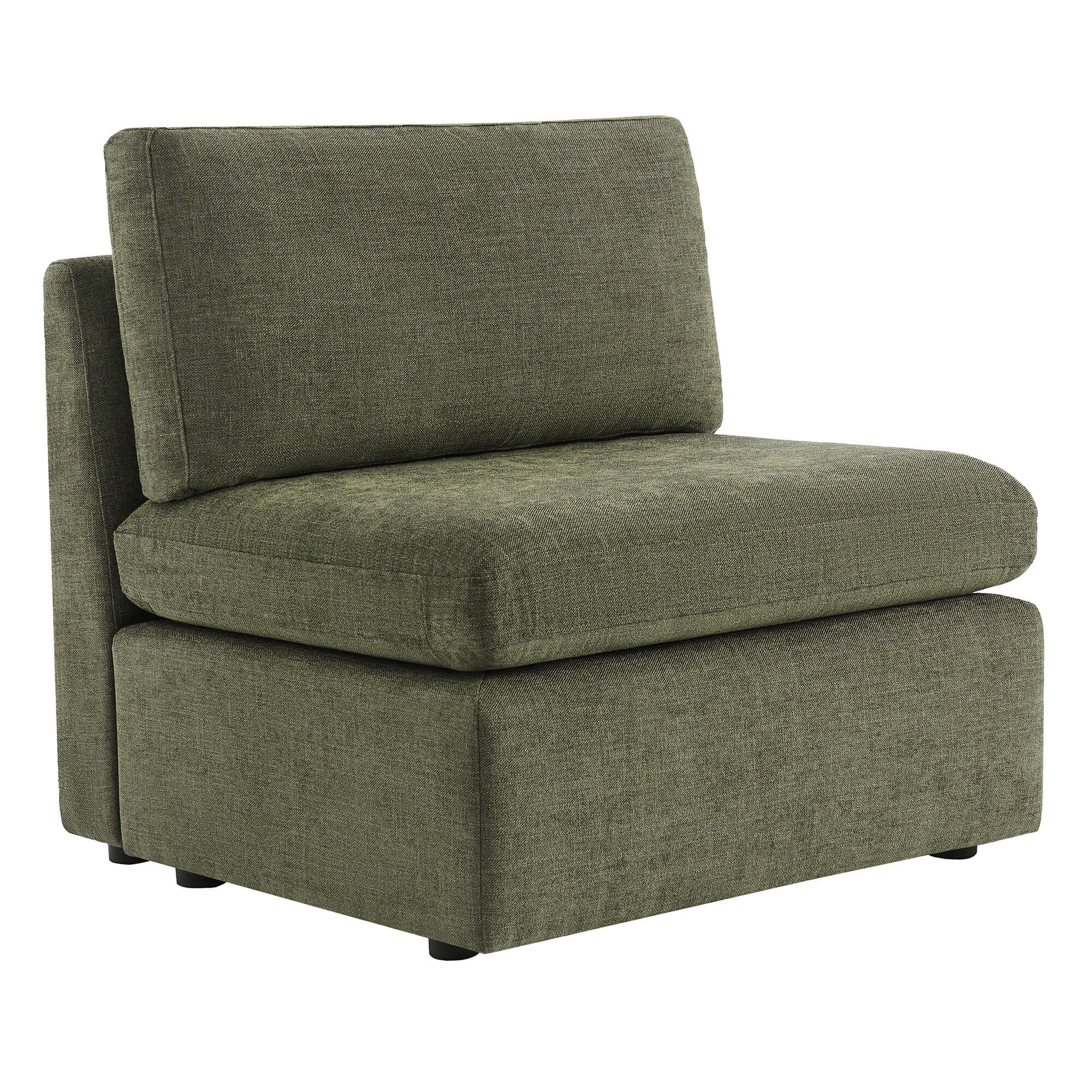 Delaney modular armless chair in soft green fabric with plush back and seat cushions - CHITA Living