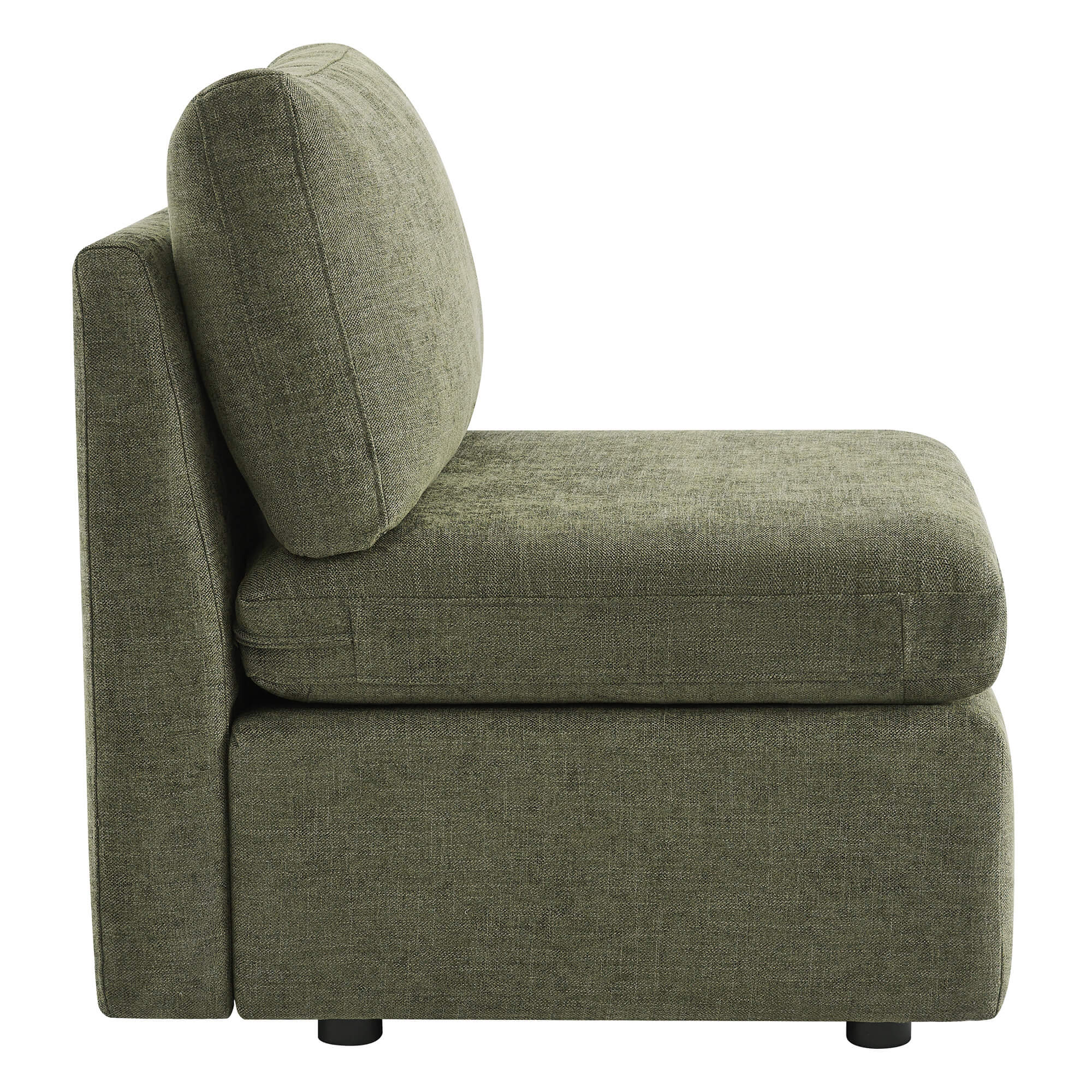 Side view of Delaney modular armless chair in green fabric with plush cushions - CHITA Living