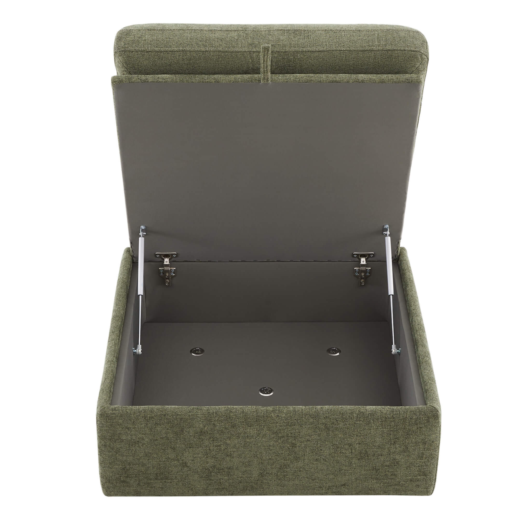 Hinged top of Delaney green ottoman revealing storage space, ideal for modern living rooms - CHITA Living